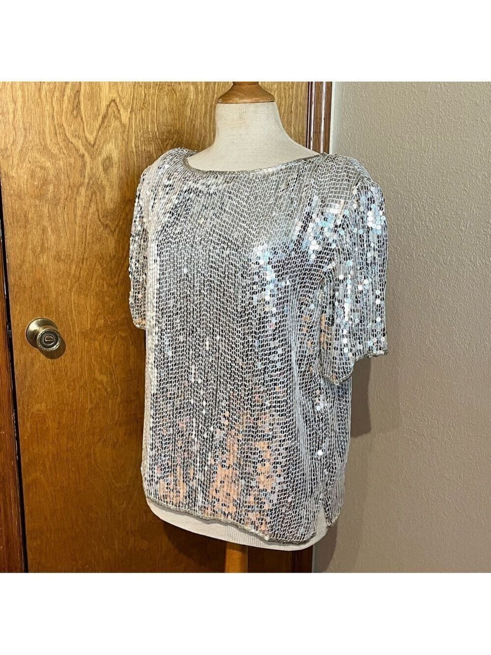 Silver Sequin Women's Top 1980s vintage glam sequins sparkle blouse